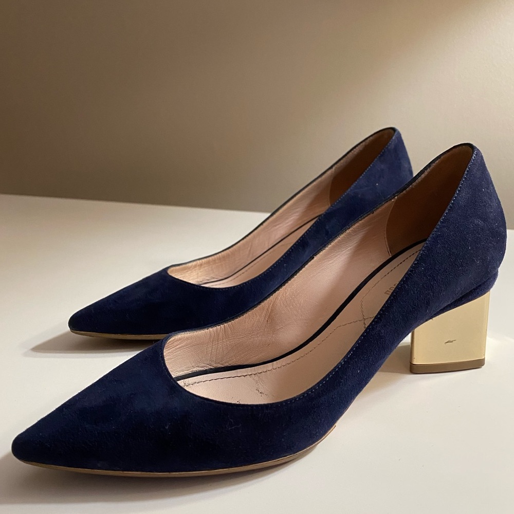 Nicholas Kirkwood Dark Blue Heels with Metallic Gold Block Heel